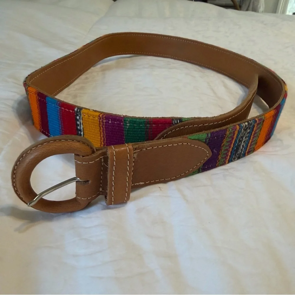 Multi colored BOHO leather trim western Serape style women belt SZ 36 large